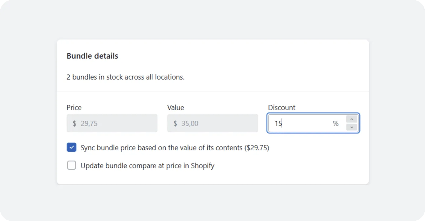 Set a fixed bundle price or a discount synced with the prices of each unit Set a fixed bundle price or a discount synced with the prices of each unit