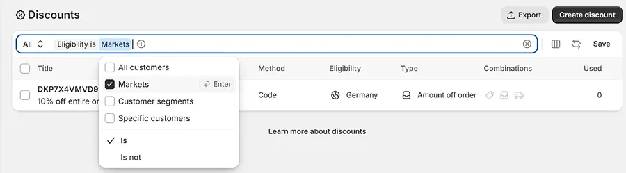 Market and customer filters on the discounts list Market and customer filters on the discounts list