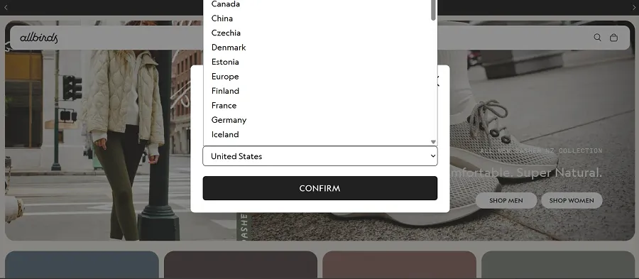 Allbirds country selector on Shopify Hydrogen