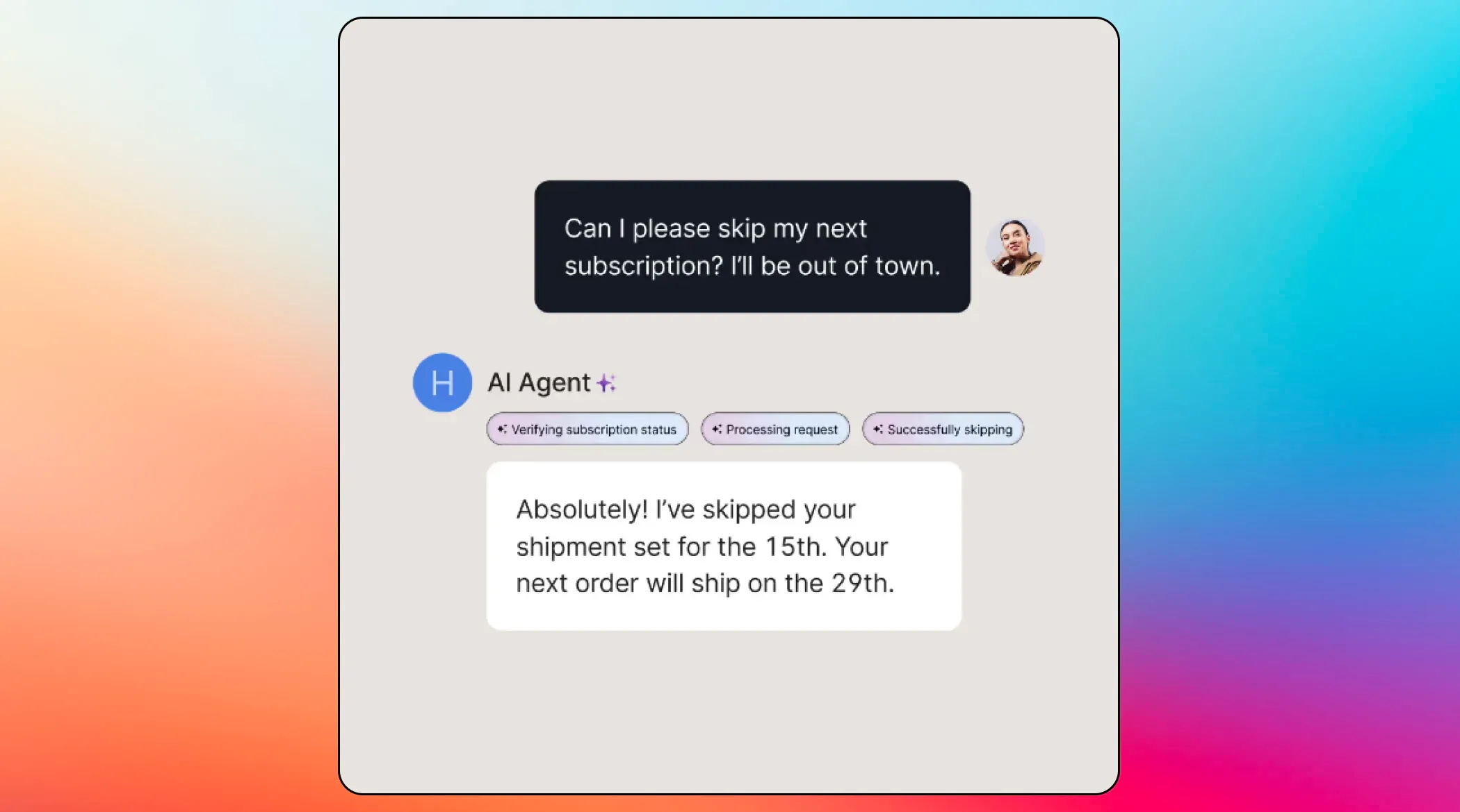 An example of handling issues by the Gorgias AI agent An example of handling issues by the Gorgias AI agent