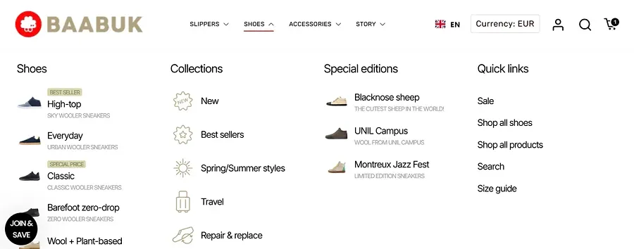Baabuk Shopify store navigation example to increase conversions