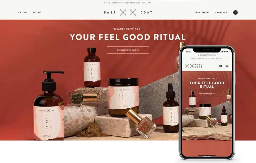 Example of design and functionality responsiveness on different devices: Base Coat Nail Salon