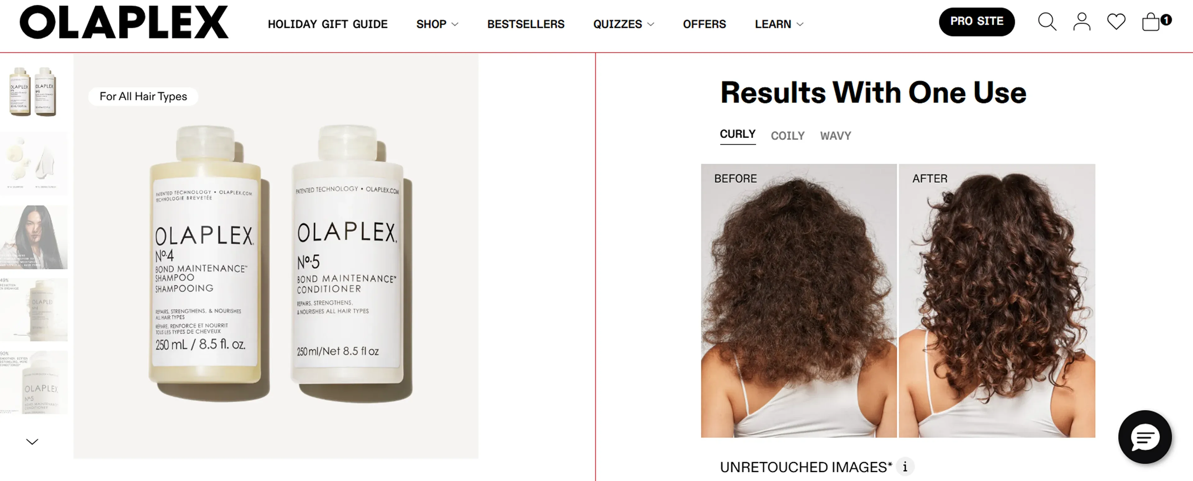 Before and After photos on Olaplex's PDP