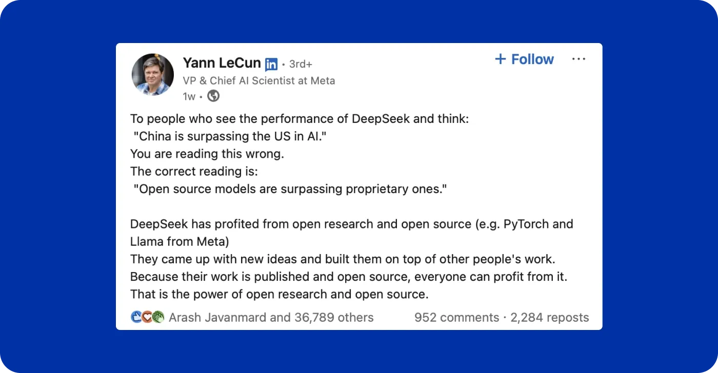 Yann LeCun about DeppSeek in LinkedIn
