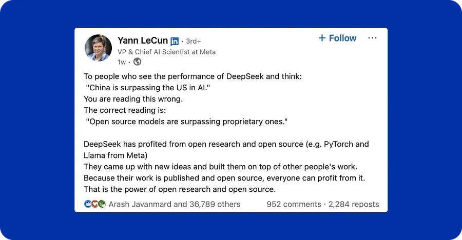 Yann LeCun about DeppSeek in LinkedIn