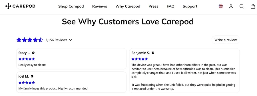 Carepod Shopify store review section example to improve conversions