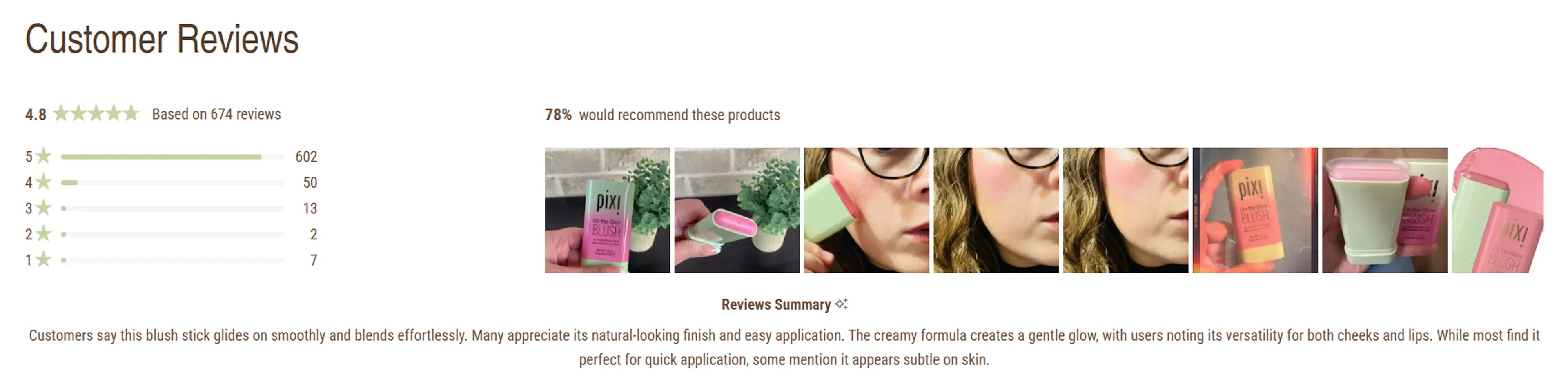 Customer reviews with photos and a summary