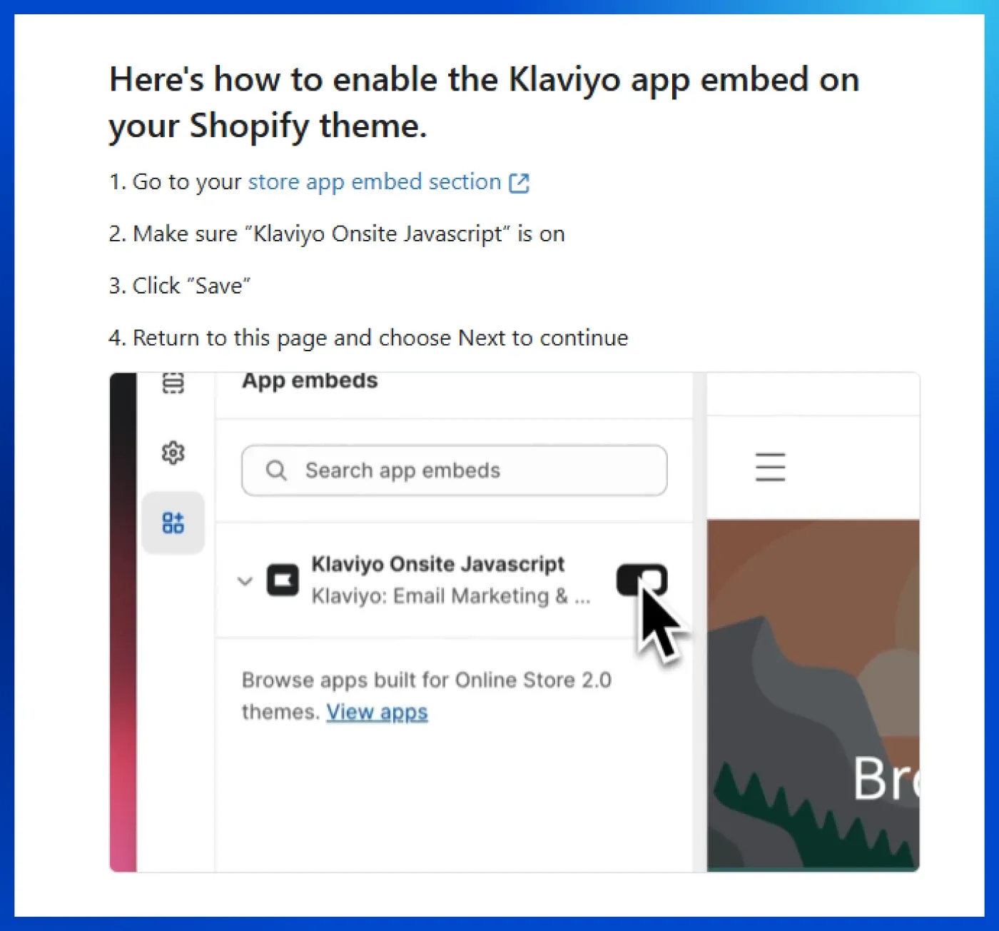 Enable the Klaviyo app embed