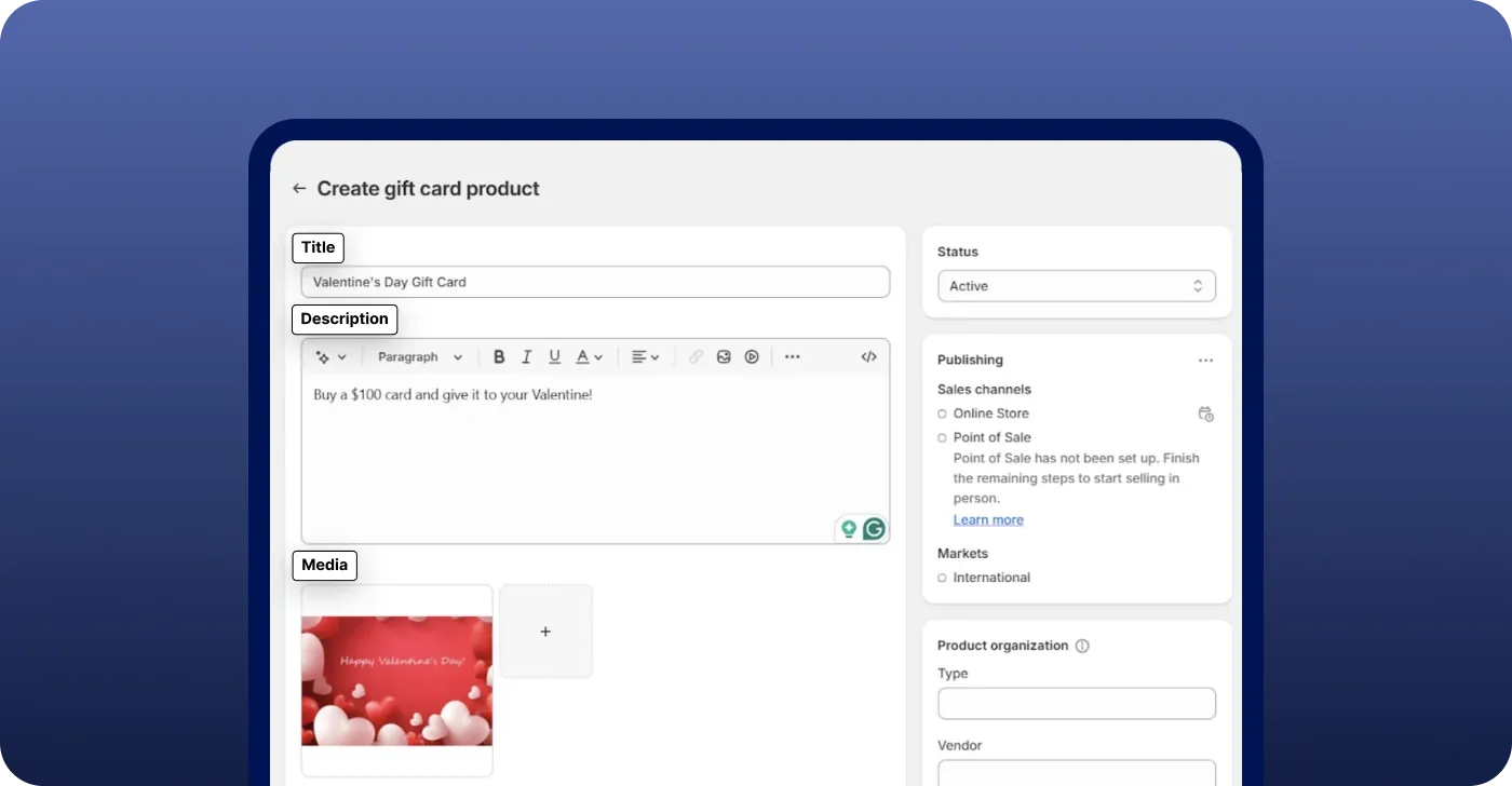 Fill in the essential gift card product details Fill in the essential gift card product details