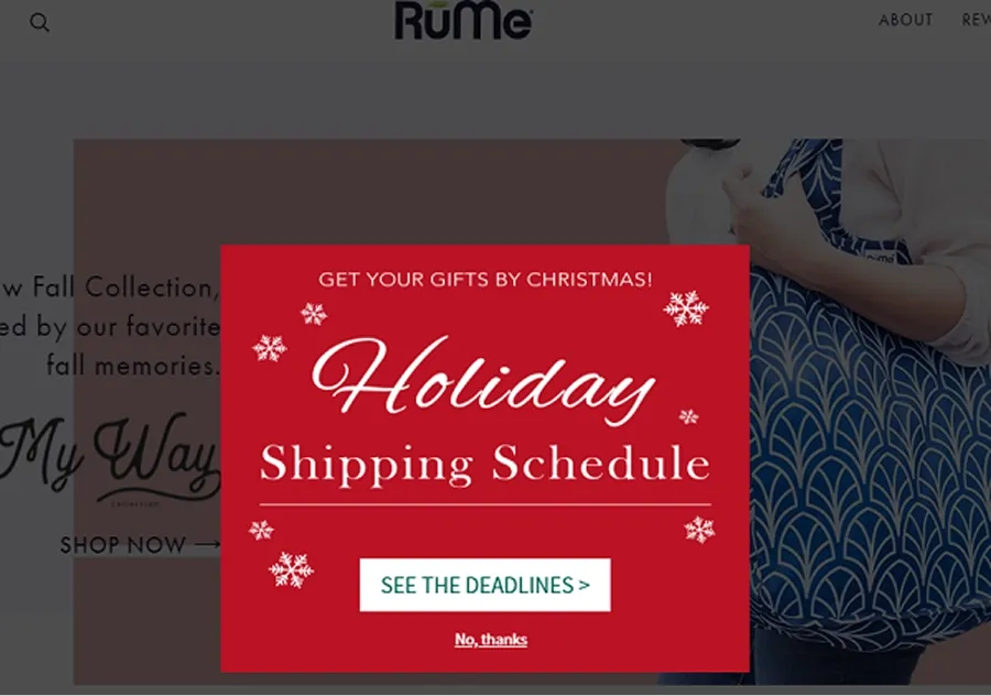 Holiday shipping deadlines popup