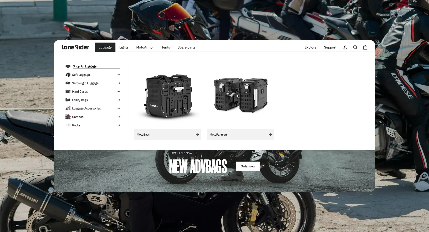 Homepage and navigation solutions for Motorcycle-Focused equipment Shopify store