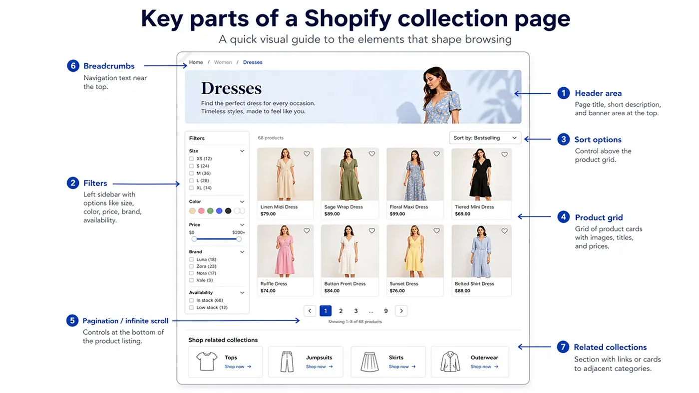 Key parts of a Shopify collection page that influence how people browse