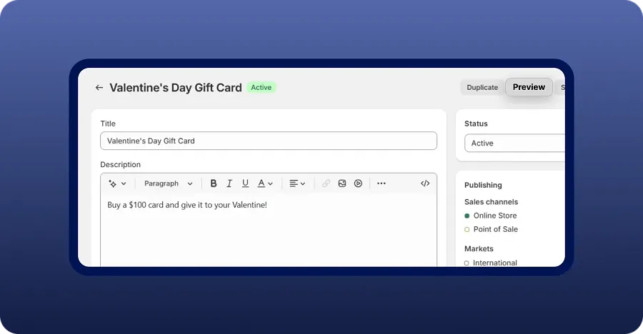 Click “Preview” to see the overall look of your gift card in Shopify