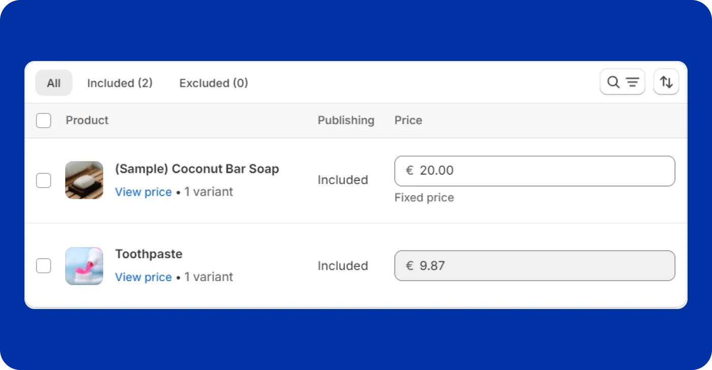 Shopify fixed prices