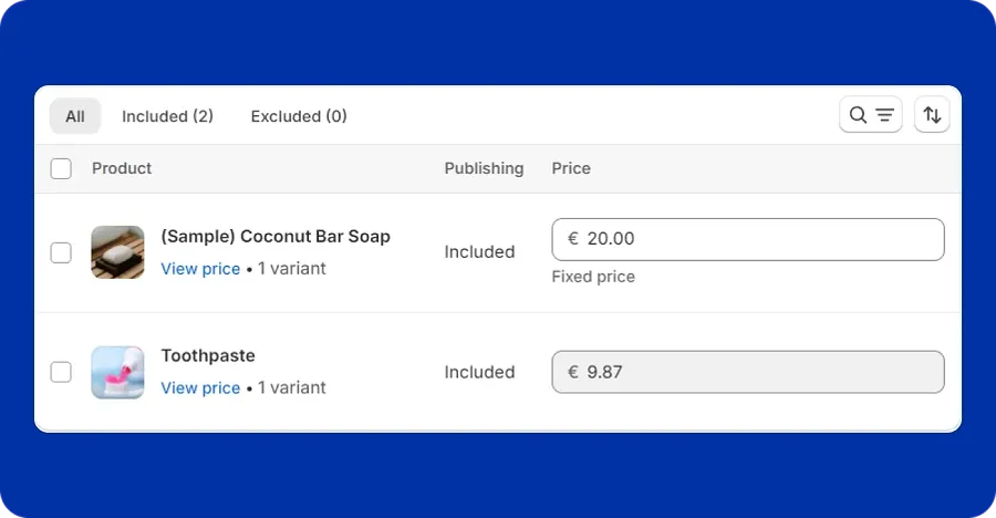 Shopify fixed prices