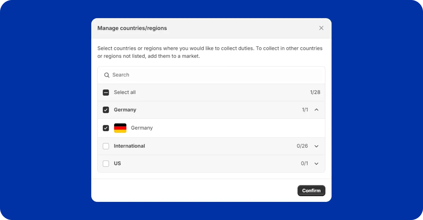 Shopify collecting duties