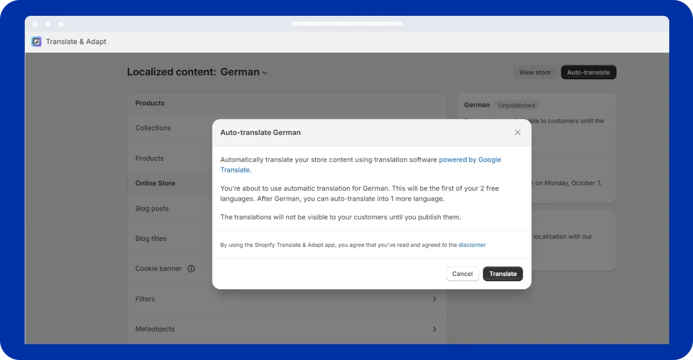 Shopify store auto-translate