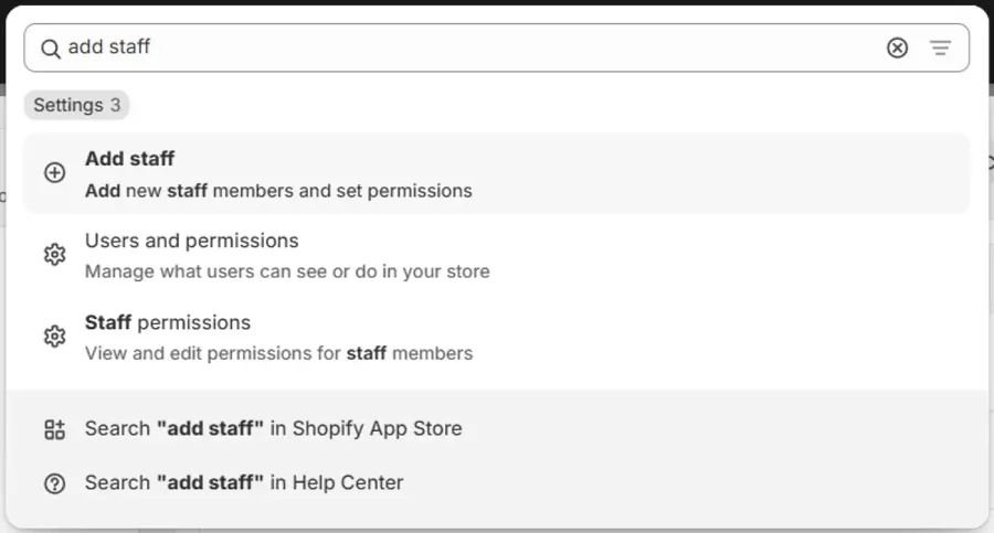 Search in Shopify settings