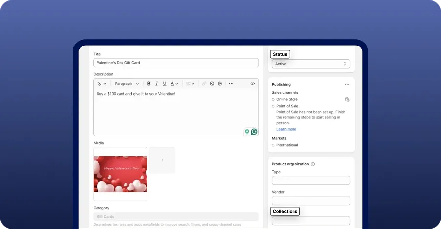 Set the product status to “Active” and select a collection for Shopify gift card