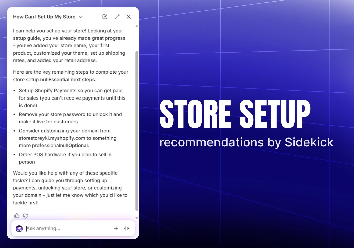 Store setup recommendations by Sidekick