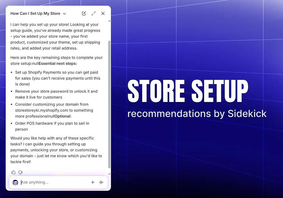 Store setup recommendations by Sidekick