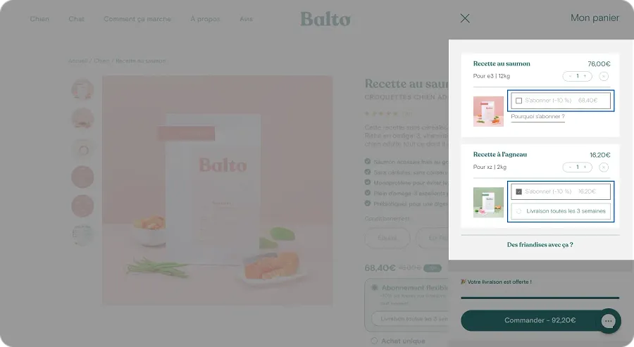 The cart drawer with the option to get a subscription is displayed on the product page