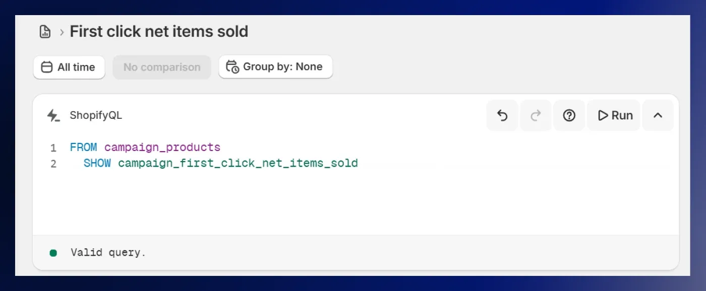Use ShopifyQL to query your store data from any analytics report Use ShopifyQL to query your store data from any analytics report