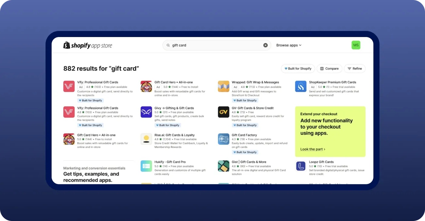 The Shopify App Store has a wide range of apps to help you create gift cards The Shopify App Store has a wide range of apps to help you create gift cards