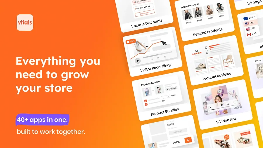 Vitals Shopify app for a bunch of marketing tools in a single app